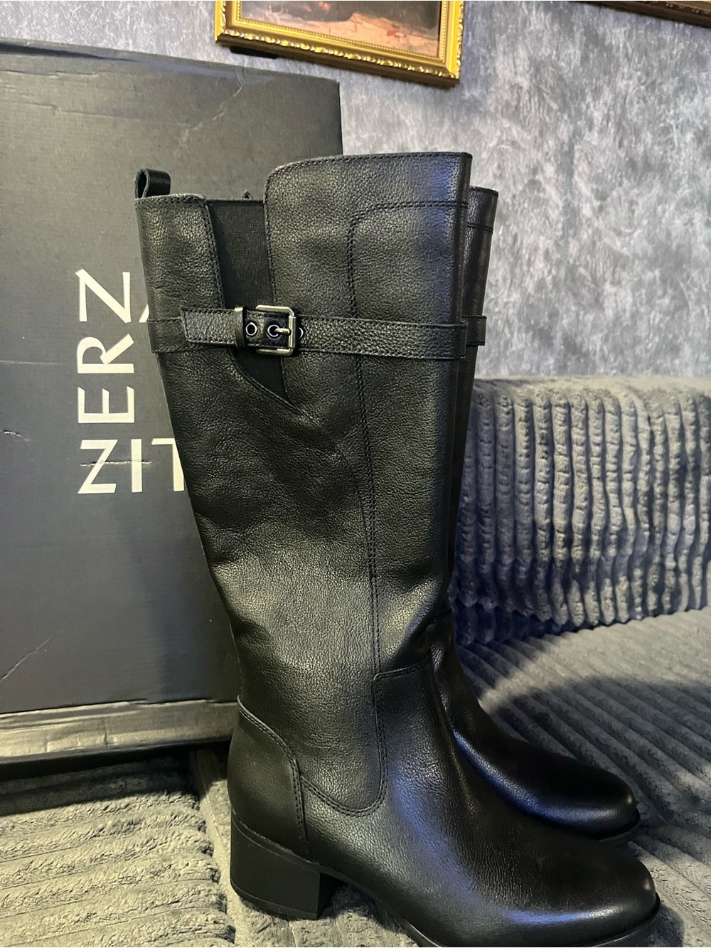 Naturalizer Black Leather Mid-Calf Heeled Boots 7 wide width